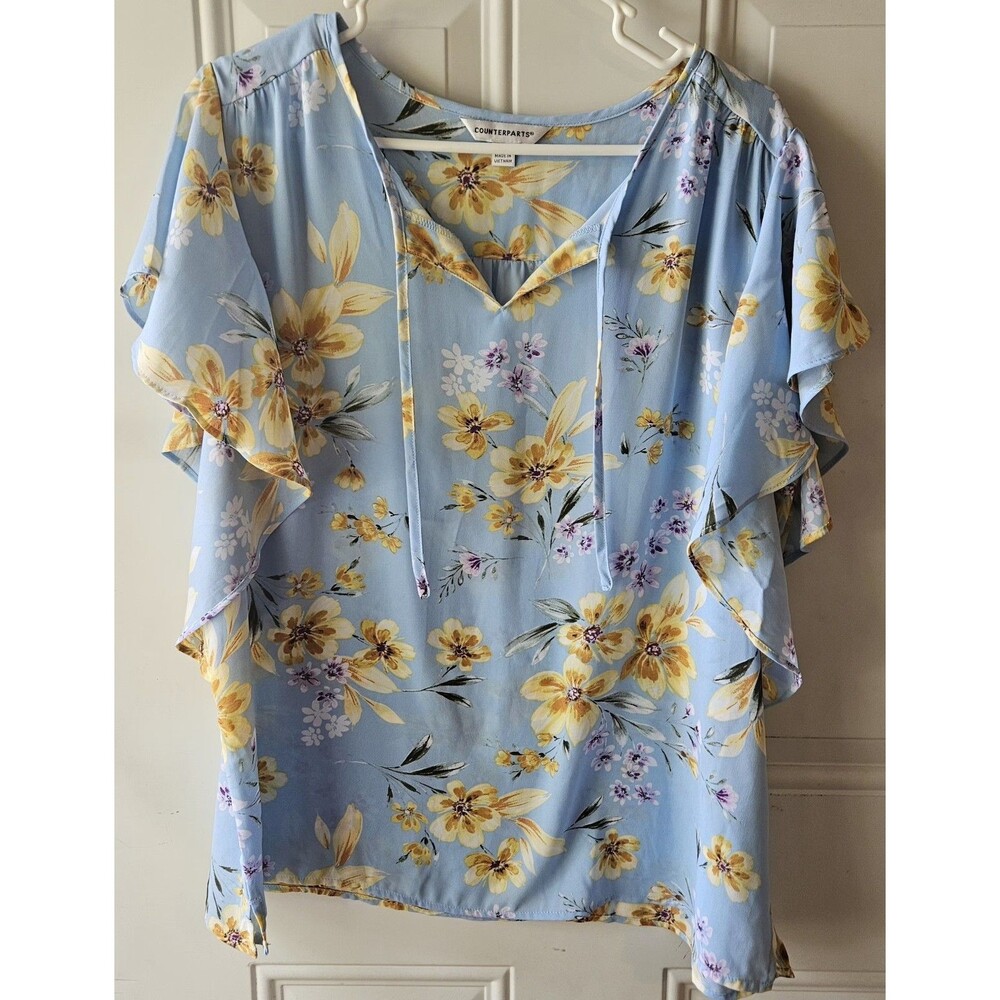 Counterparts XL Top Shirt Blue Floral Flower Cap Short Sleeve Keyhole Scoop Neck